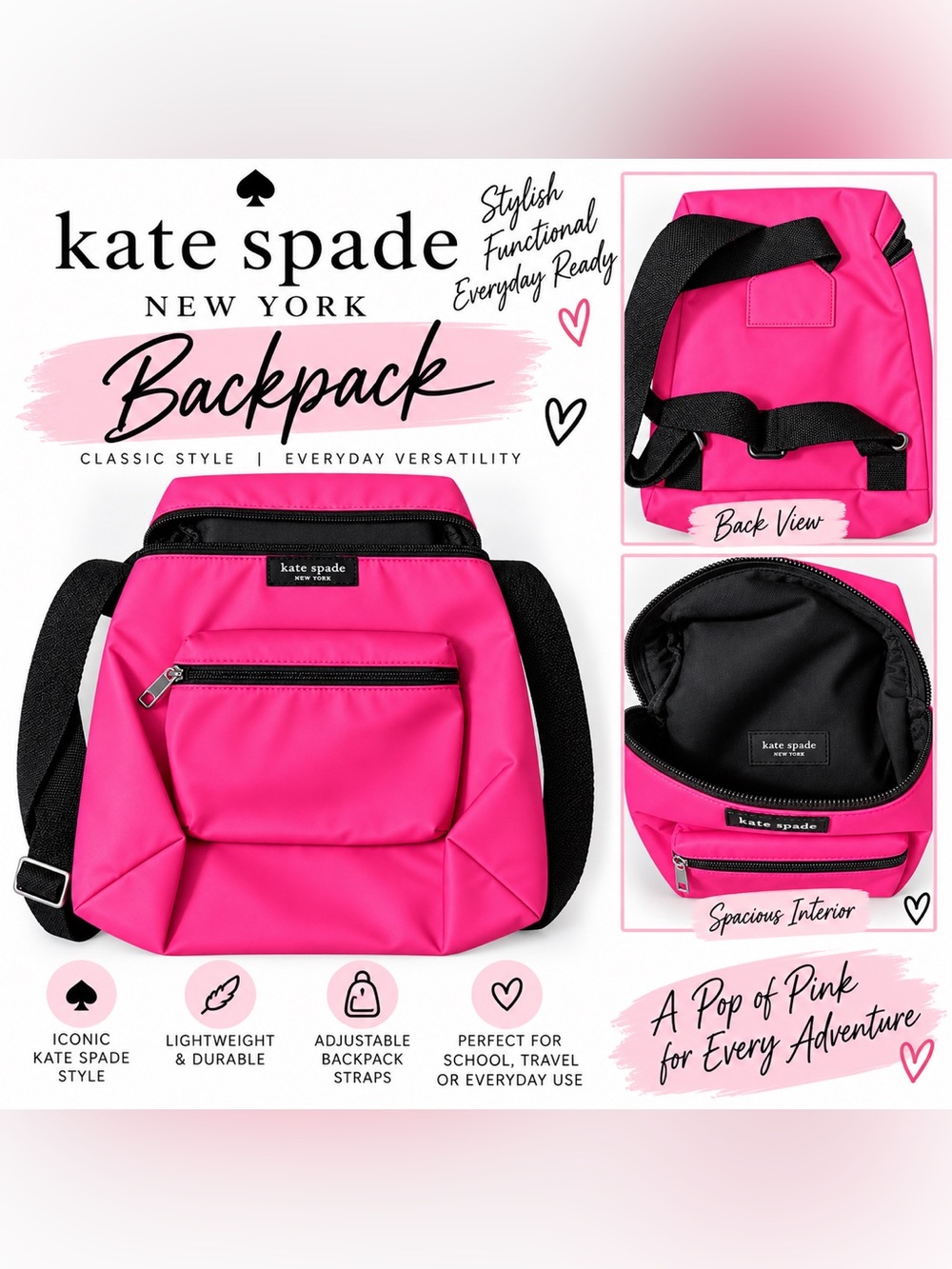 kate spade Hot Pink Backpack with Black Straps